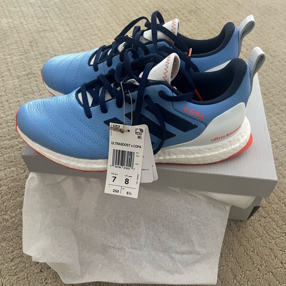 adidas Ultraboost Copa Blue with White and Orange Accents and NYCFC logo
